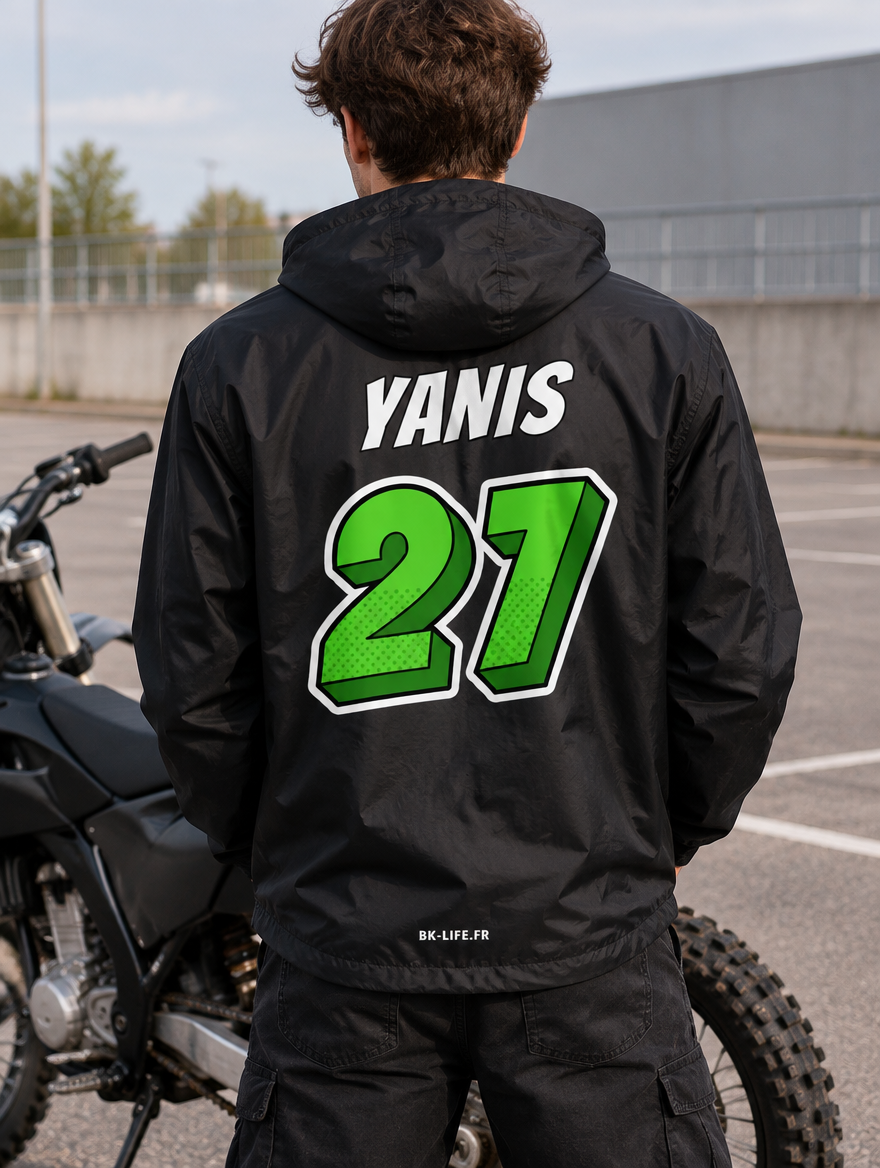 Gilet KX BK-Life porté, vu de dos : nom et numéro